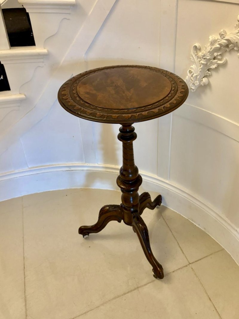 Antique Victorian Quality Carved Burr Walnut Circular Lamp Table